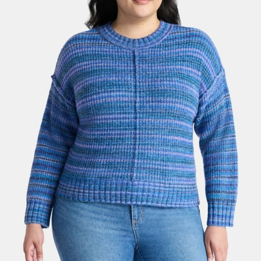 TERRA & SKY Women Dye Sweater Sz 1X-2X Blue Combo Mock Neck Soft Relax New
